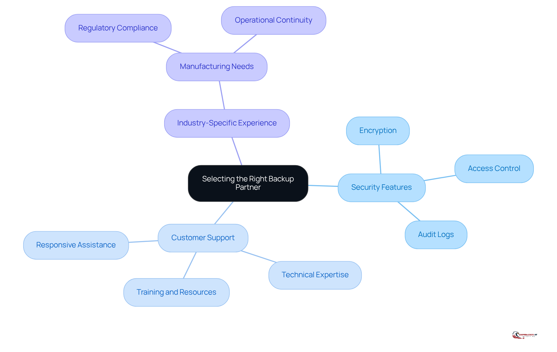 The center represents the main decision of selecting a backup partner, with branches showing the key criteria to consider. Each branch highlights important factors that can help organizations make informed choices tailored to their industry.