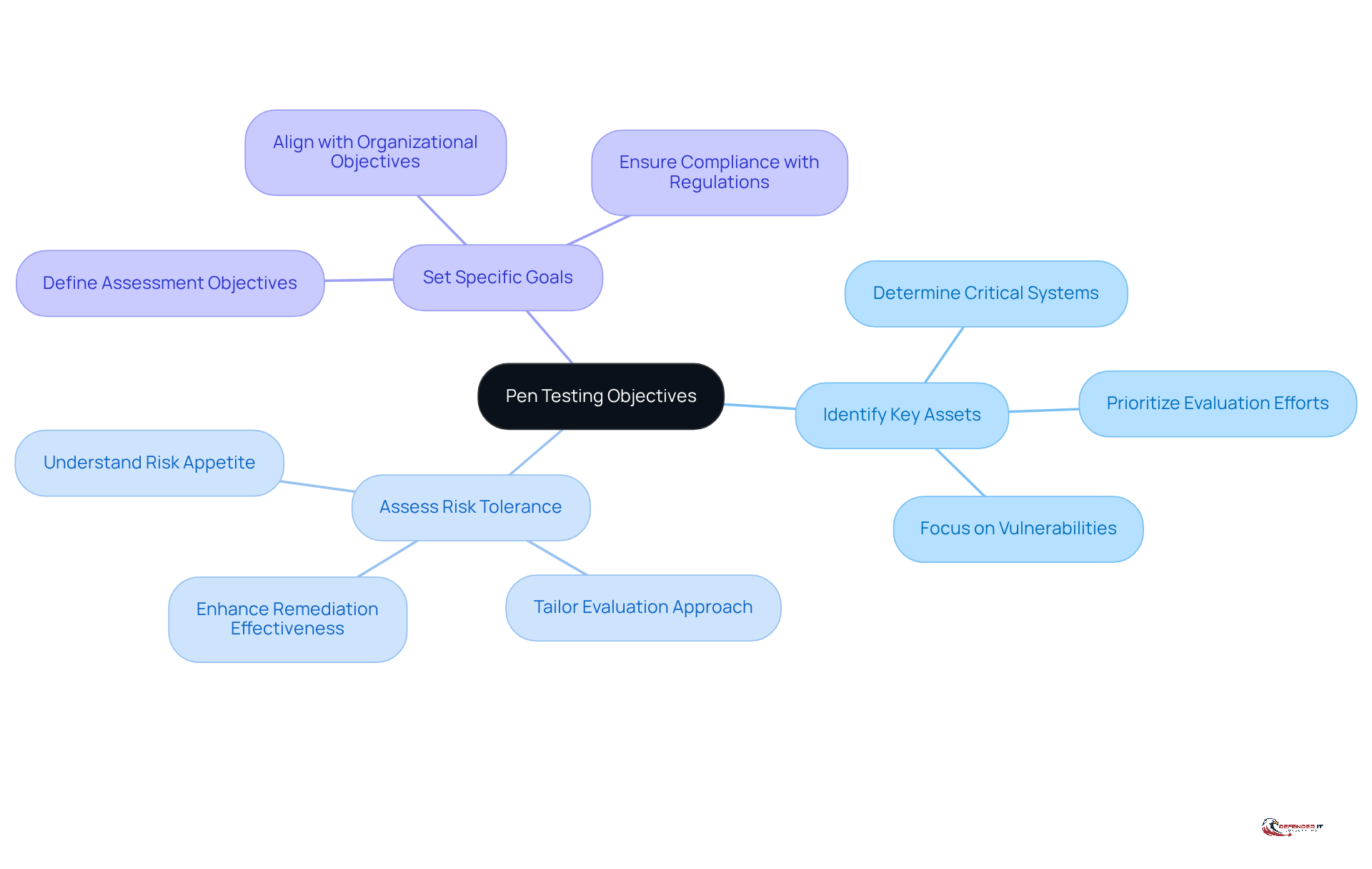 Start at the center with the main goal of defining pen testing objectives. Follow the branches to see the key steps organizations should take, and explore the sub-steps that provide more detail on each main category.