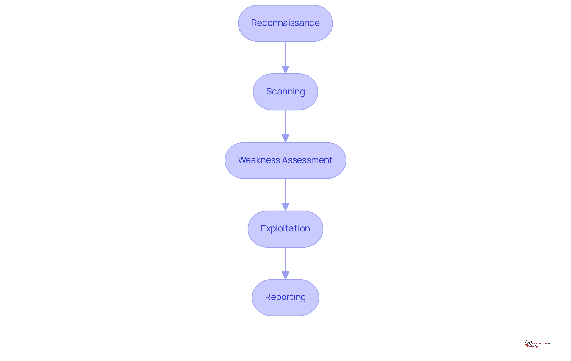 Each box represents a step in the penetration testing process. Follow the arrows to see how each phase leads to the next, starting from gathering information to reporting findings.